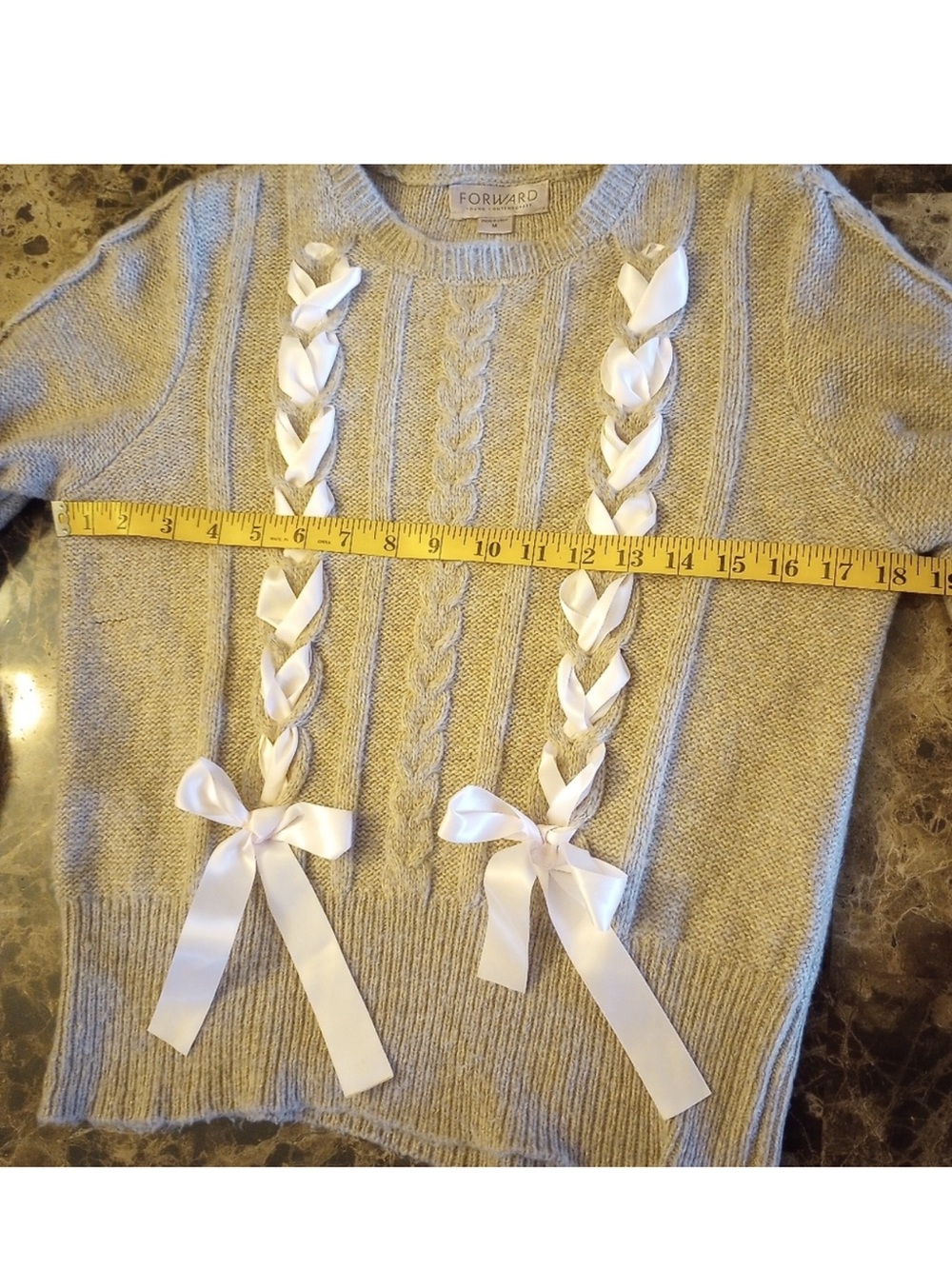 Forward Young Contemporary Taupe and Pastel Pink Ribbon Corset Bow Sweater - Picture 4 of 6